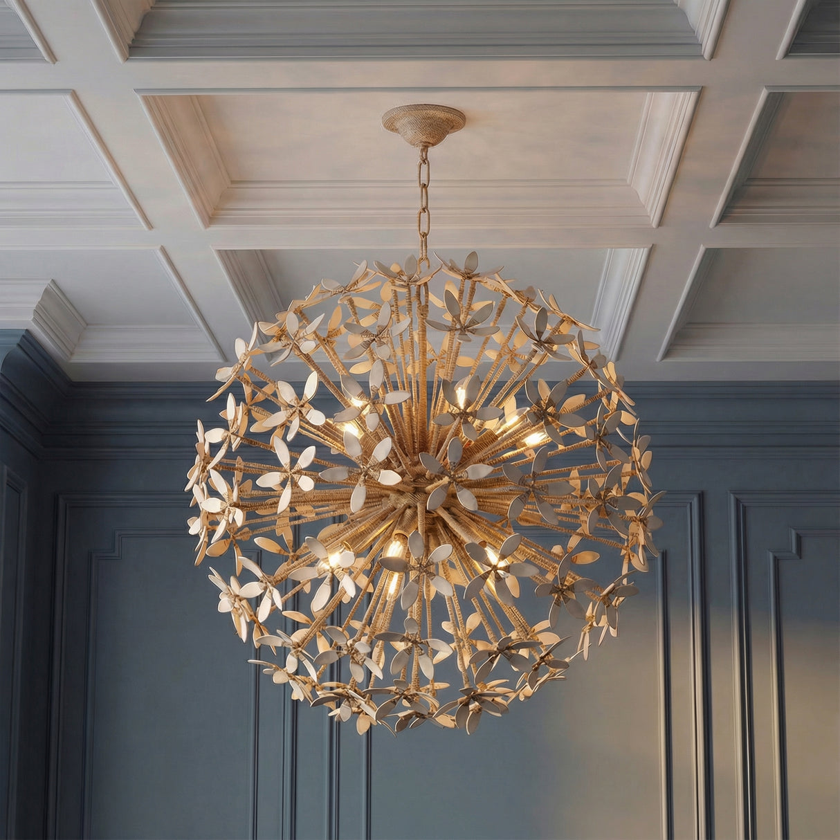 Genevieve Chandelier 30", Natural Rope and Coco Shells leaf design Chandelier in a Transitional Living Room with blue paneling.