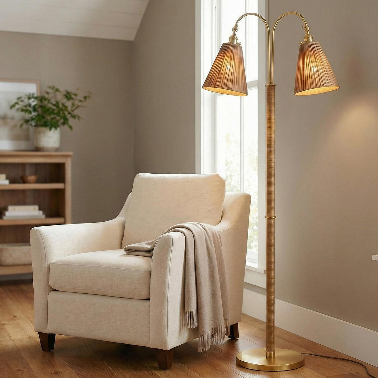 Rhiannon Floor Lamp 60", Aged Brass and Rattan