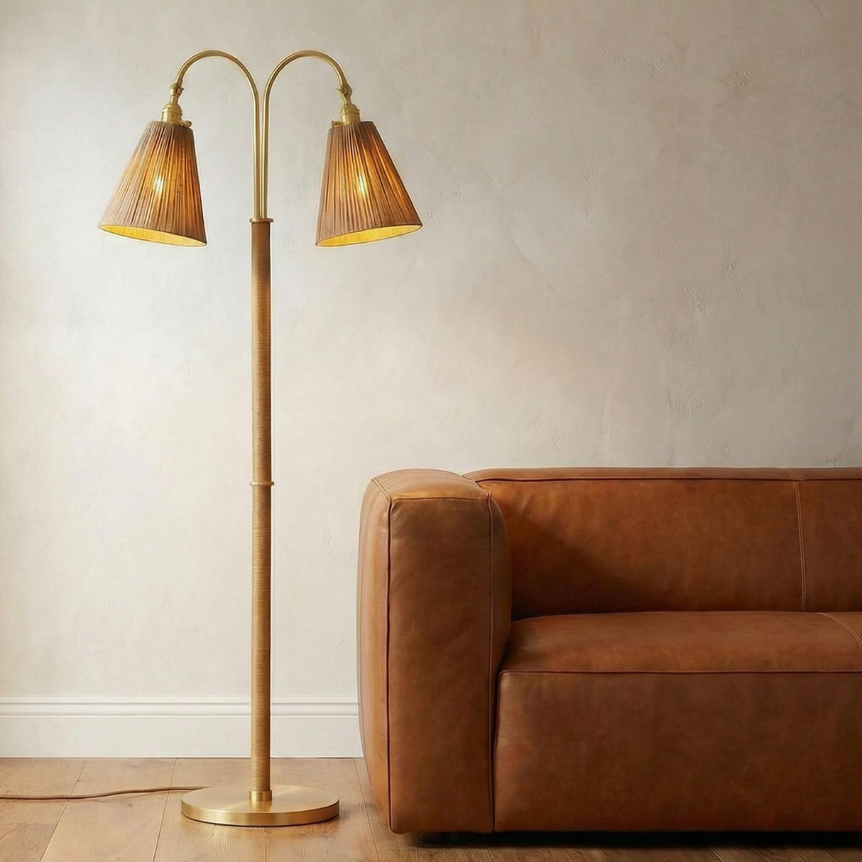 Rhiannon Floor Lamp 60", Aged Brass and Rattan