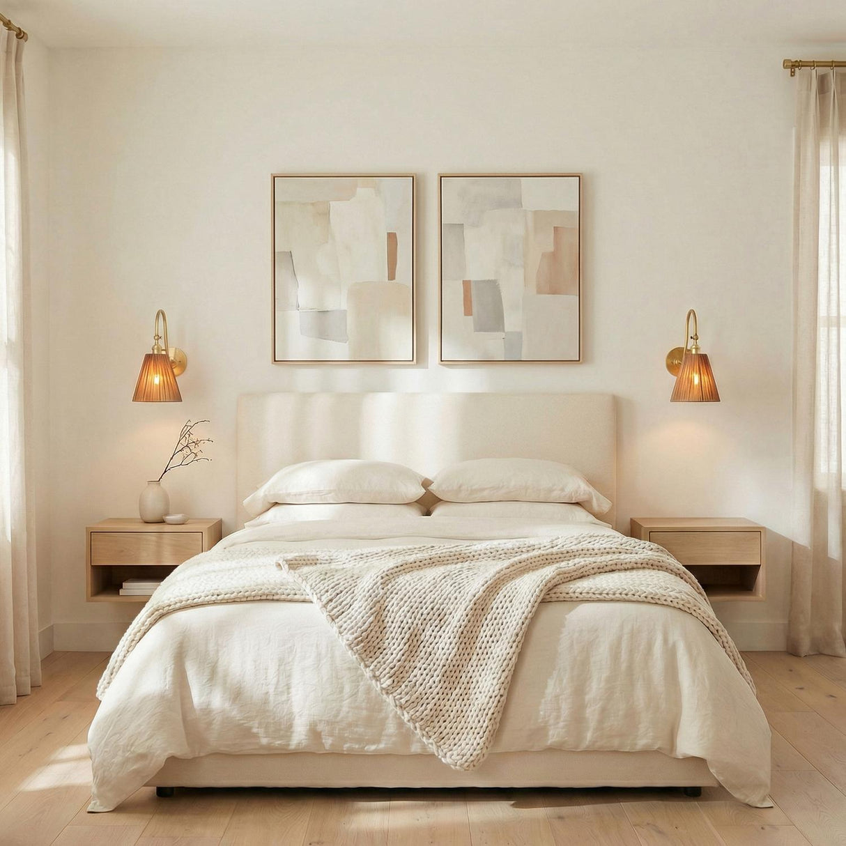 Rhiannon Aged Brass geometric wall sconce in a Contemporary Bedroom with a cream upholstered bed and light wood nightstands.