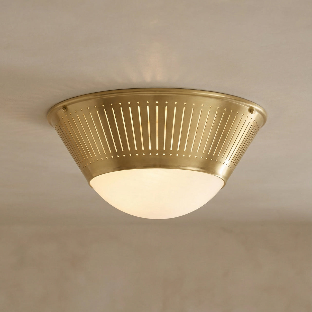 Brushed Brass geometric flush mount in a Mid-Century Living Room with mid-century decor.