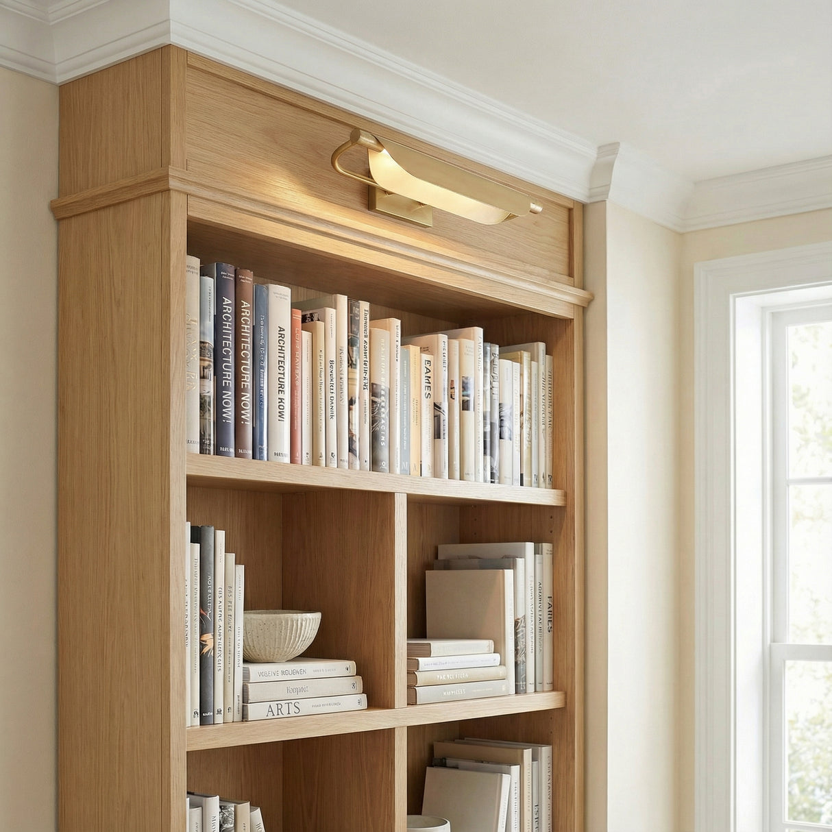 Mitchell LED Picture Light 19", Aged Brass linear wall sconce in a Transitional Living Room with a wooden bookcase filled with books.