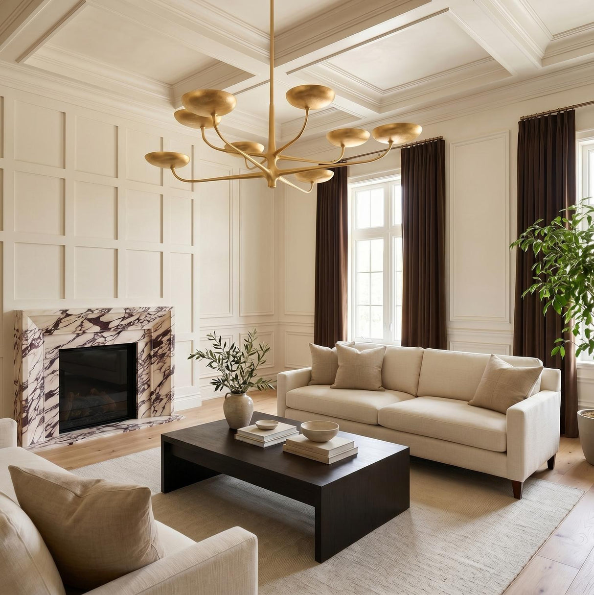 A transitional living room with the Reverie 8 Light LED Chandelier 45", Gold Leaf centered under a coffered ceiling, featuring a purple veined marble fireplace.