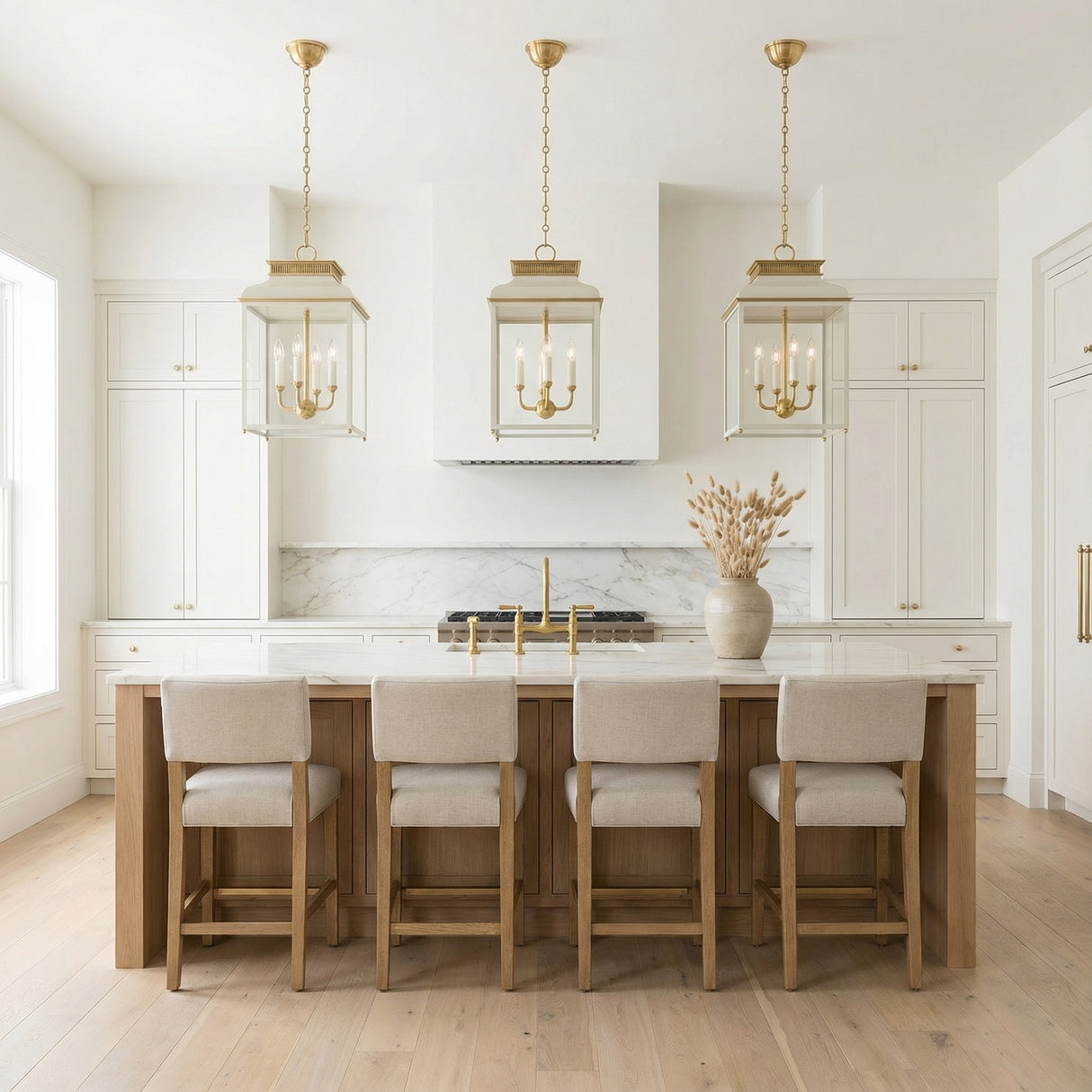 Harriet Lantern Pendant 13", Off White and Aged Brass geometric Pendant in a Transitional Kitchen with a white marble island.