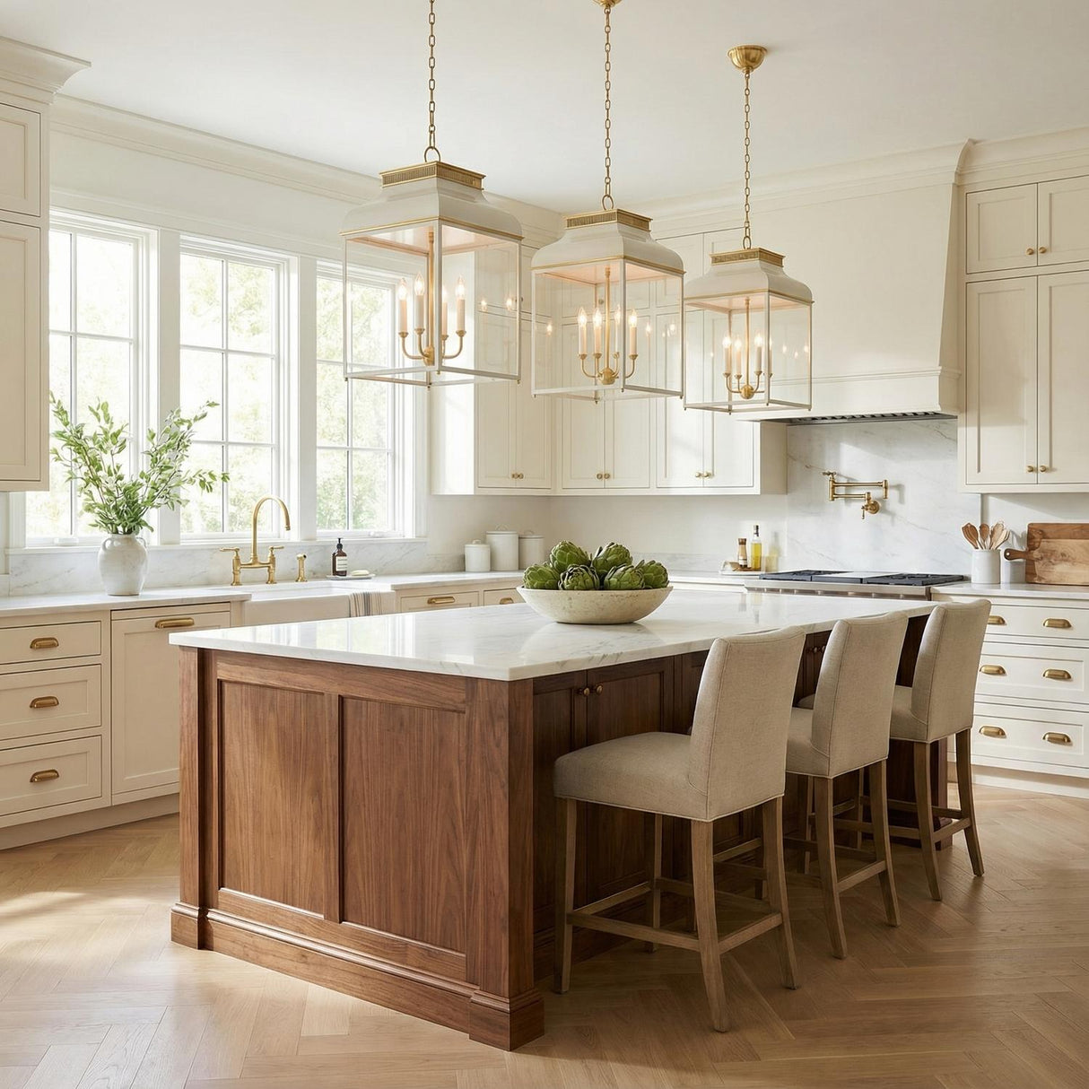 Harriet Lantern Pendant 19", Off White and Aged Brass