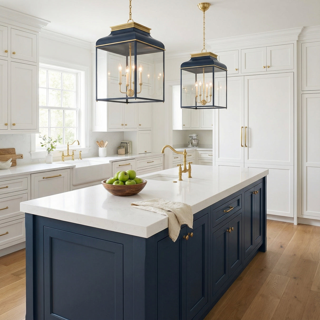 Harriet, Midnight Blue & Aged Brass geometric pendant in a Transitional Kitchen with navy island & white quartz countertops.