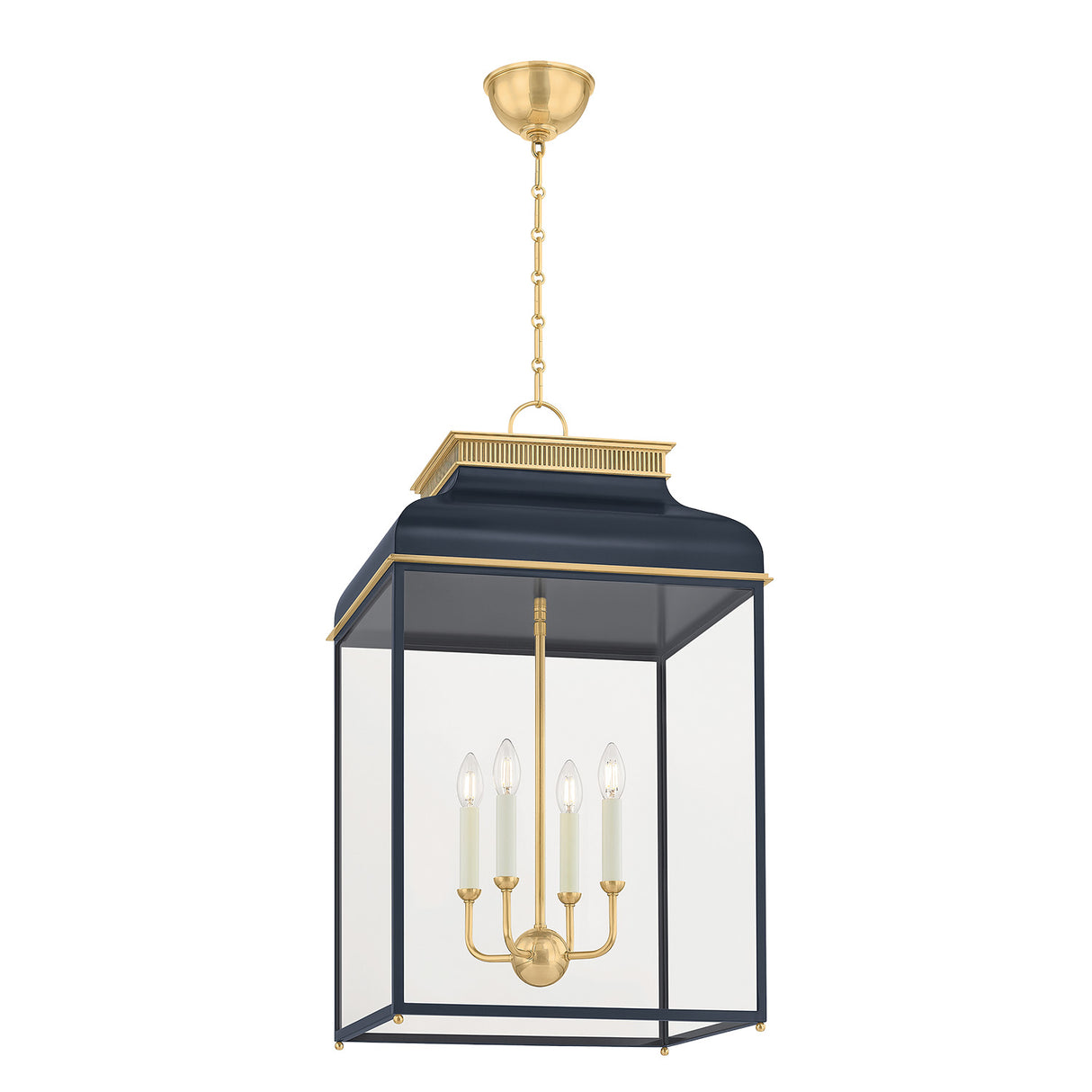 Harriet Lantern Pendant 19", Midnight Blue and Aged Brass