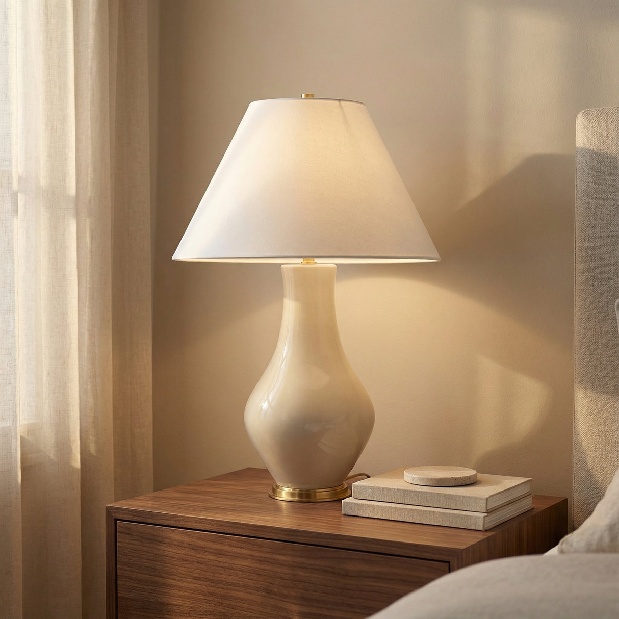 Lucille Table Lamp, Glossy Cream globe Table Lamp in a Transitional Bedroom with a dark wood nightstand.