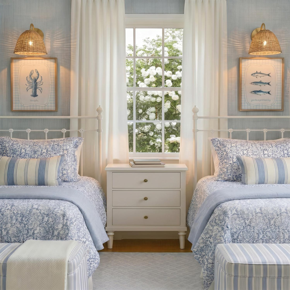 A coastal bedroom with two Karina Wall Sconce 8", Woven Wicker and Aged Brass fixtures mounted above twin beds with blue floral bedding and a white nightstand.
