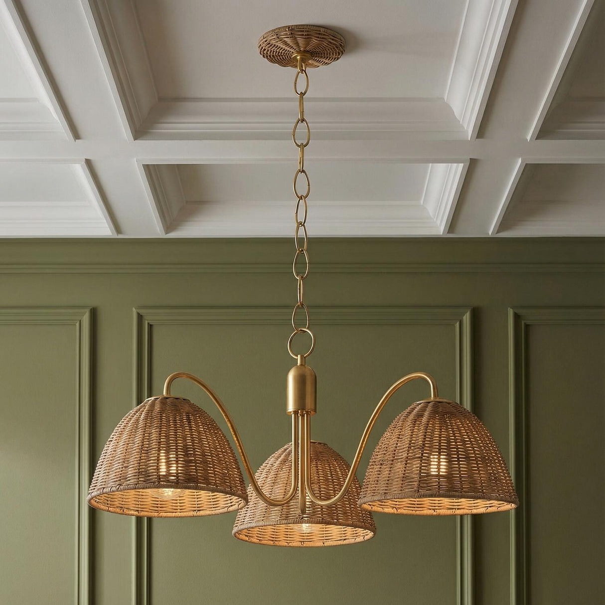 Karina 3 Light Chandelier 28", Woven Wicker and Aged Brass