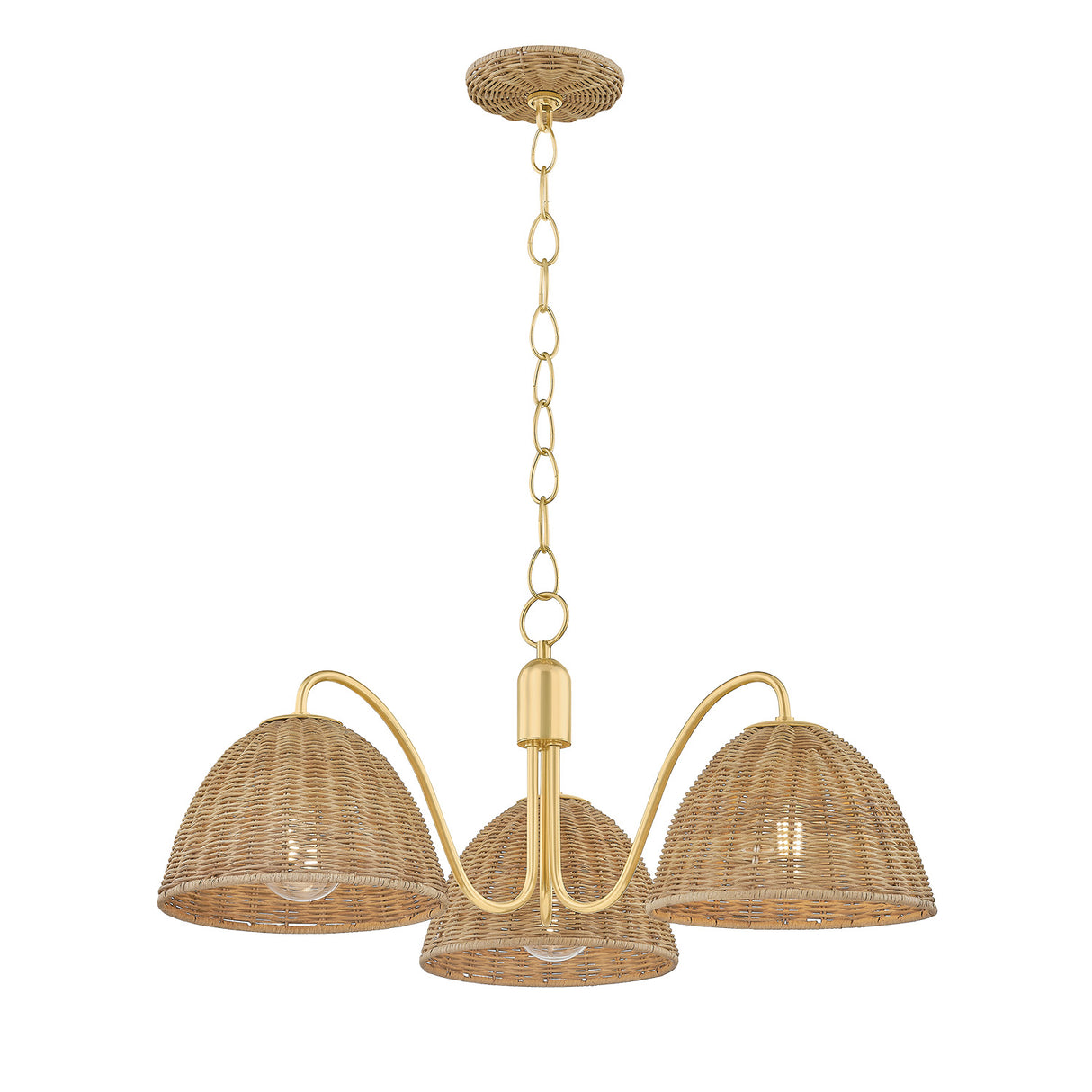 Karina 3 Light Chandelier 28", Woven Wicker and Aged Brass