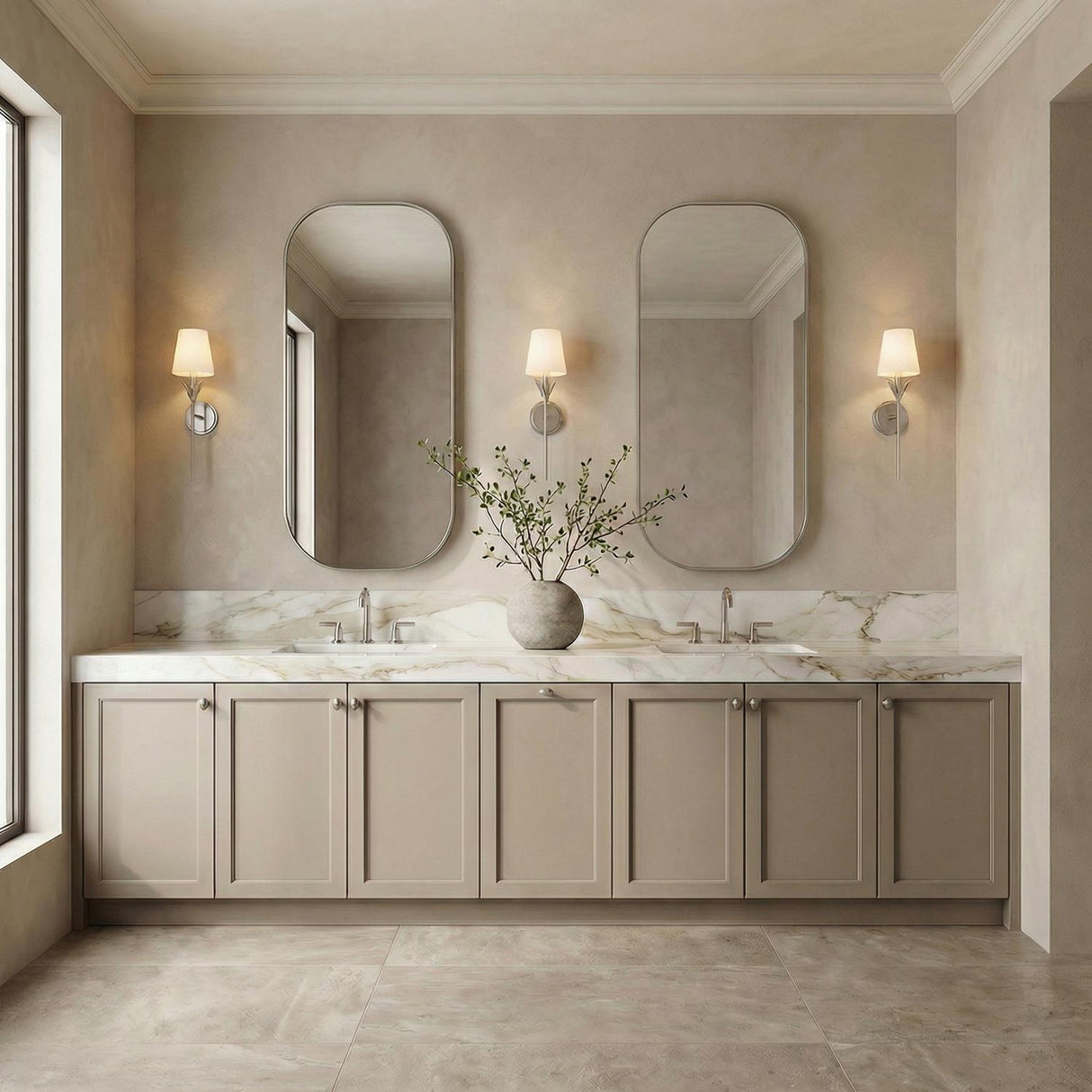 Alice Polished Nickel leaf design Wall Sconce in a Transitional Bathroom with a white marble double vanity and oval mirrors.