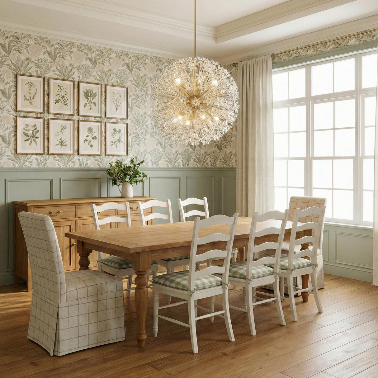 Eliana Extra Large Chandelier 34", Aged Brass and faceted crystals globe chandelier in a Cottage Dining Room with a rustic oak table.