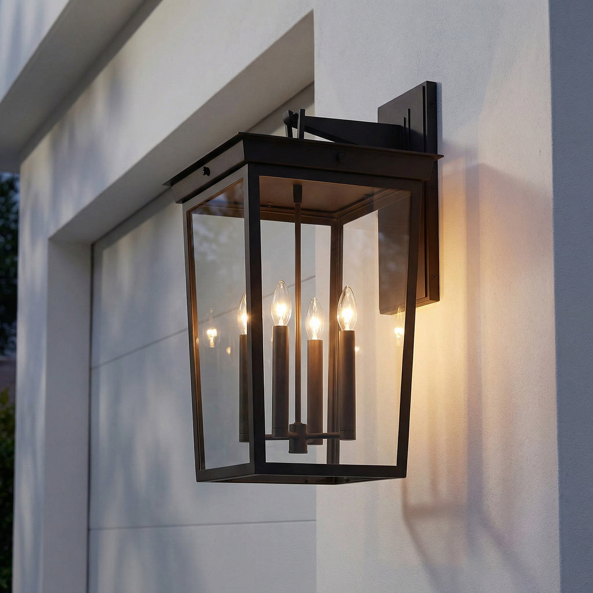 Radcliffe Outdoor Wall Light, Extra Large 26", Old Bronze geometric Outdoor Wall in a Modern Farmhouse Outdoor with a white stucco wall.