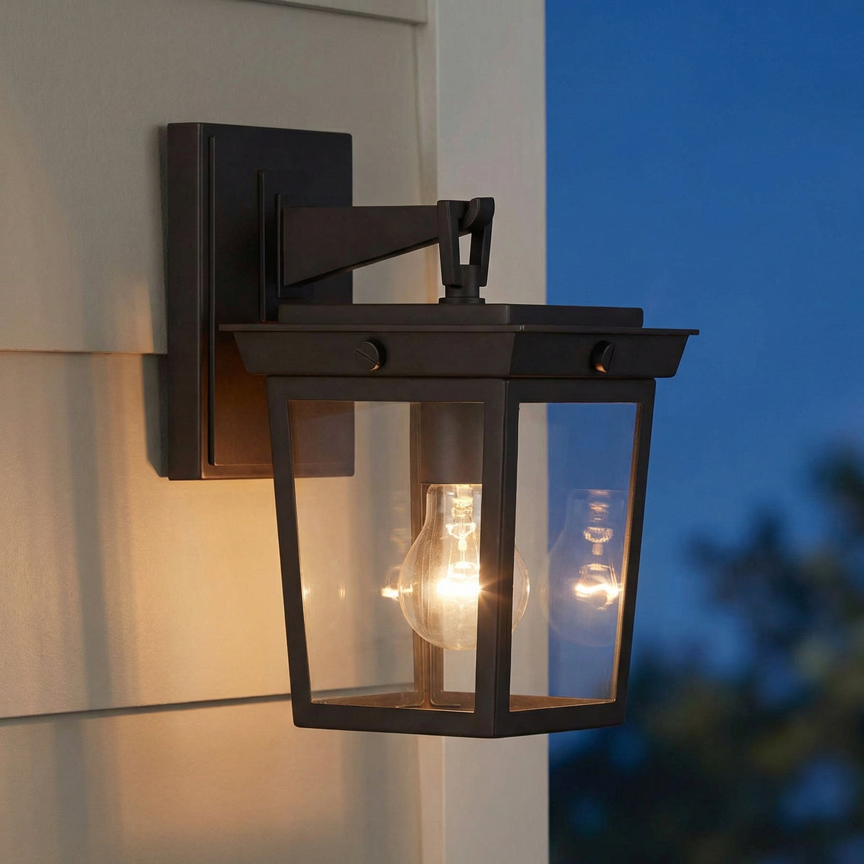 Radcliffe Outdoor Wall Light, Small 11", Old Bronze geometric Outdoor Wall in a Modern Farmhouse Outdoor with light cream siding.