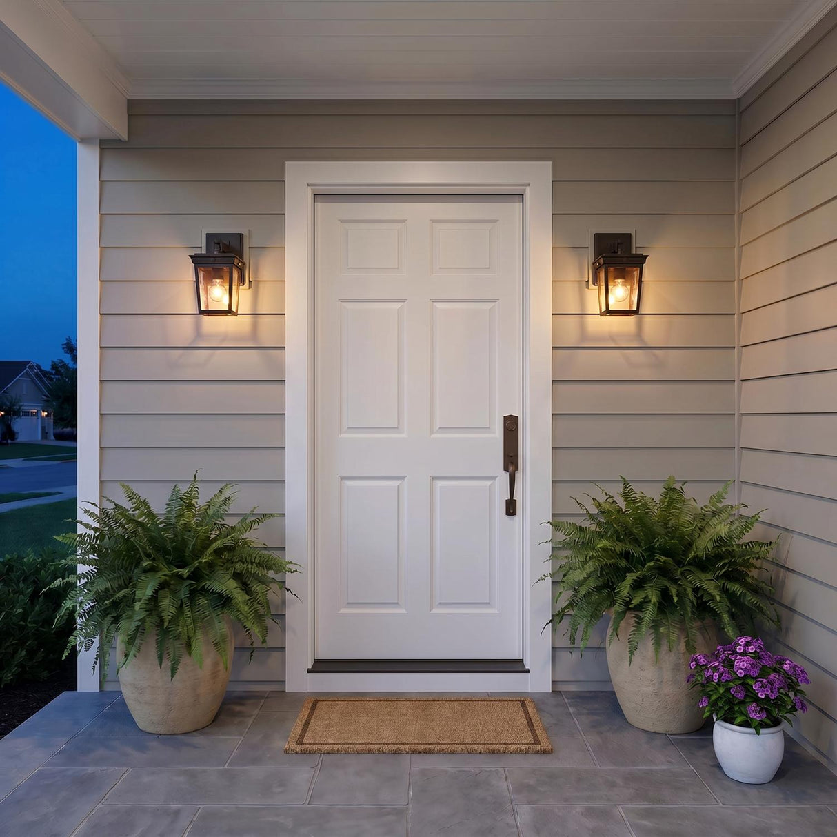 A modern farmhouse porch featuring two old bronze Radcliffe Outdoor Wall Lights flanking a white front door on tan siding with potted ferns and flowers at dusk.