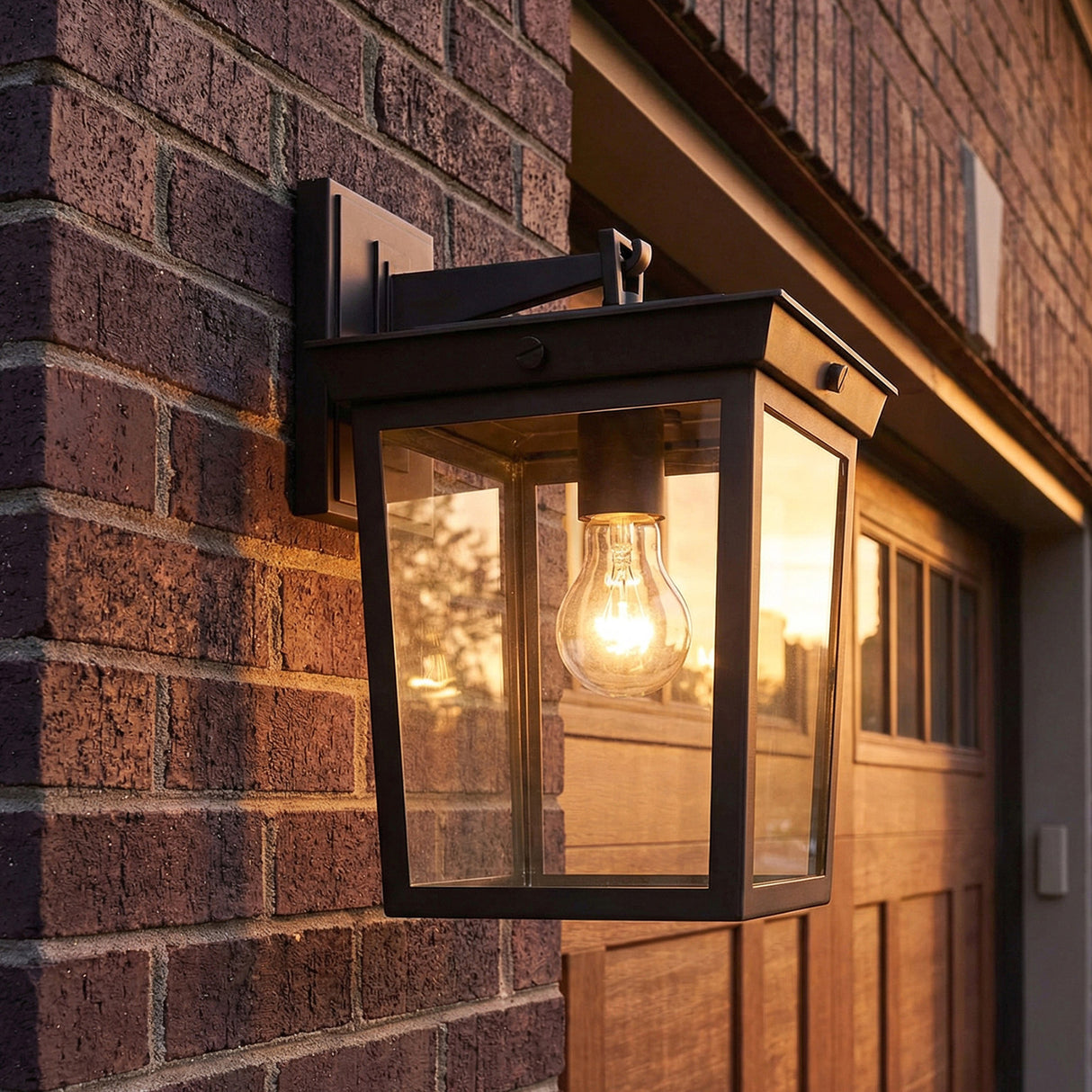 Radcliffe Outdoor Wall Light, Medium 14", Old Bronze geometric Outdoor Wall in a Craftsman Outdoor with brick and wood garage door.
