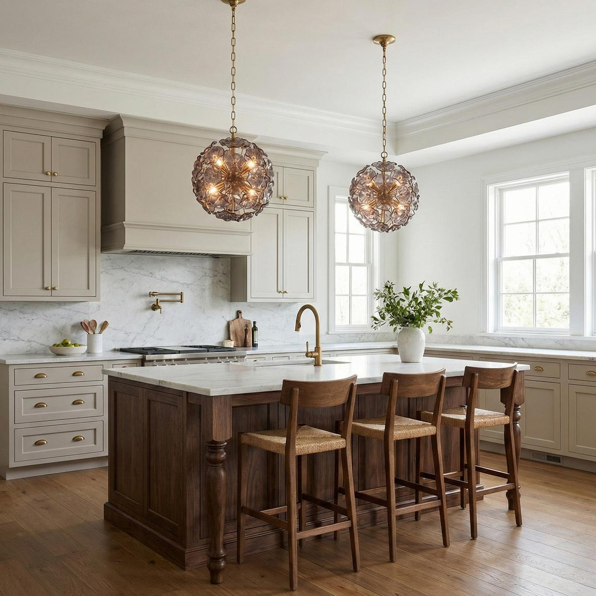 Layla Medium Pendant 18", Smoke Glass Brass leaf design Pendant in a Modern Farmhouse Kitchen with a white marble island.