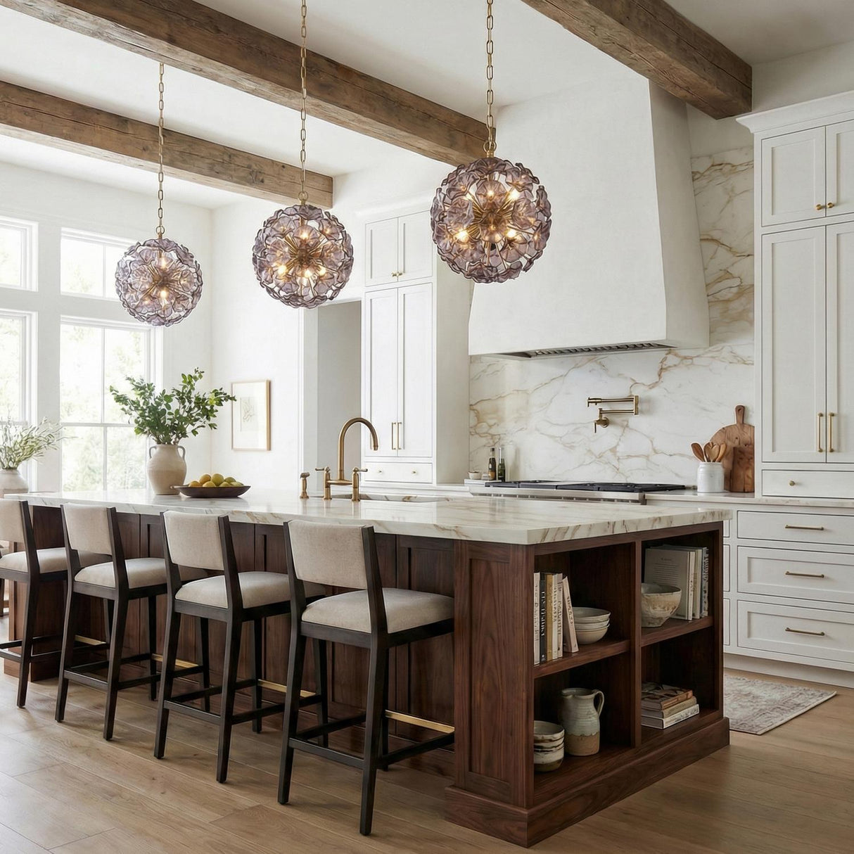 Layla Medium Pendant 18", Smoke Glass Brass leaf design Pendant in a Modern Farmhouse Kitchen with a white marble island.