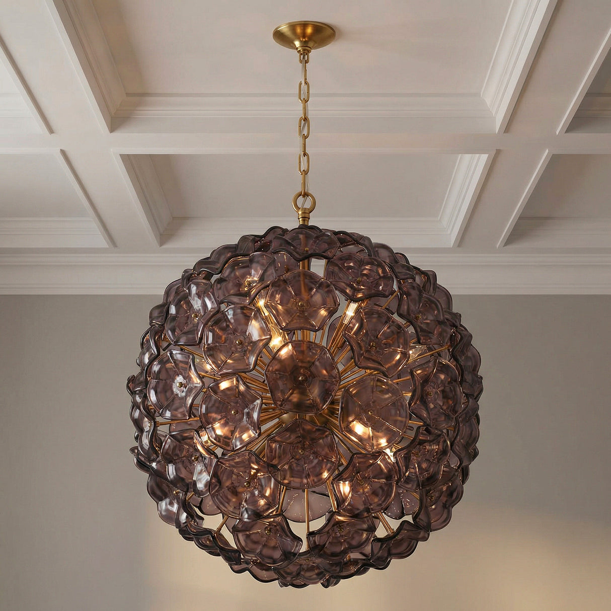 Layla Extra Large Pendant 28", Smoke Glass Gold scalloped Pendant in a Transitional Dining Room with a white coffered ceiling.