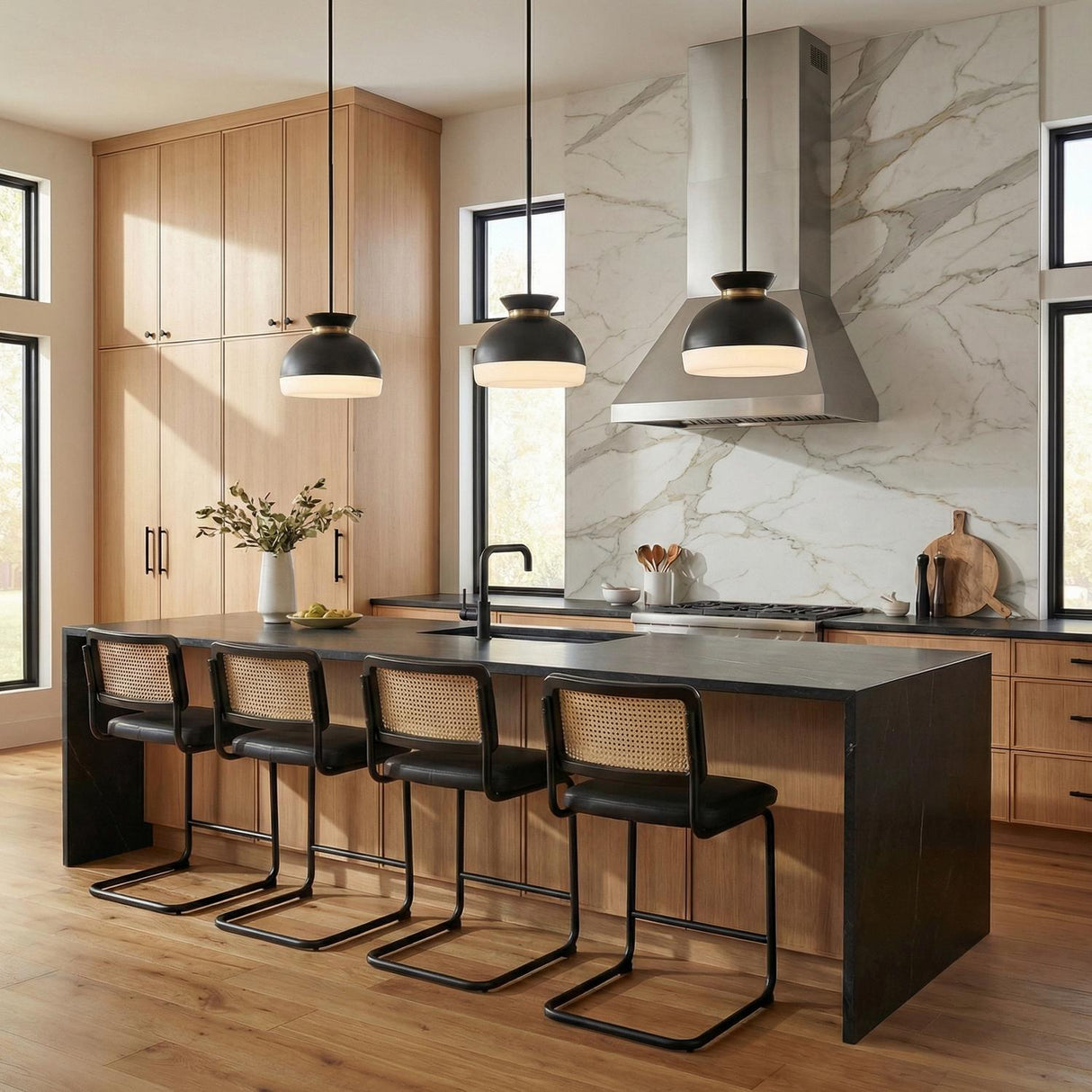 Elody Matte Black and Brass globe Pendant in a Contemporary Kitchen with a black marble island and cane bar stools.