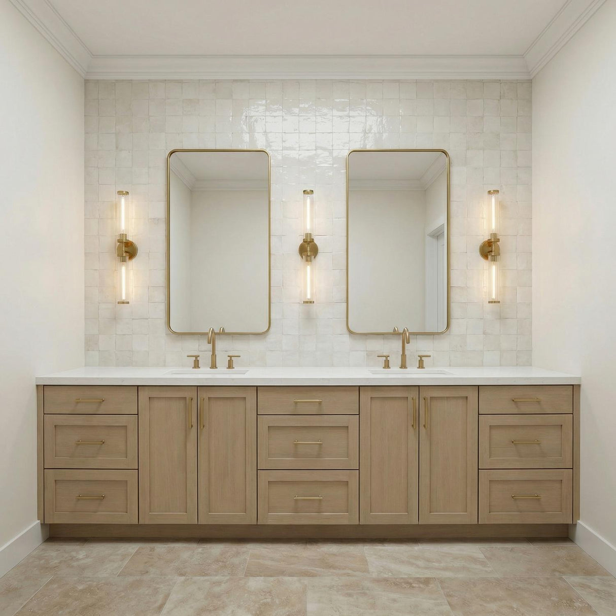 Dexter 2 Light Wall Sconce 29", Aged Brass linear wall sconce in a Transitional Bathroom with a wood double vanity and zellige tile.