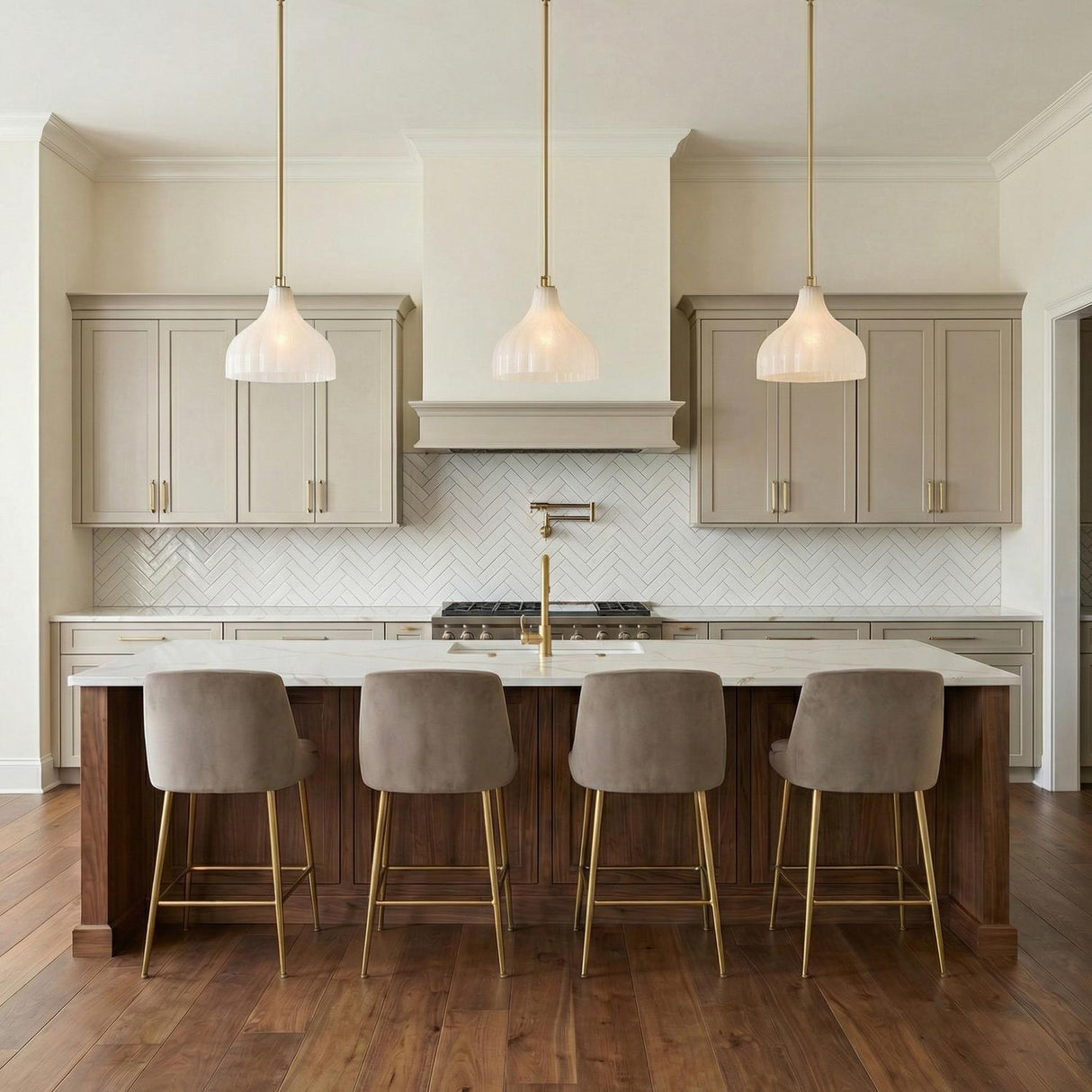 Claire Medium Pendant 15", Brass and Strie Glass Brass scalloped Pendant in a Transitional Kitchen with a white marble island.