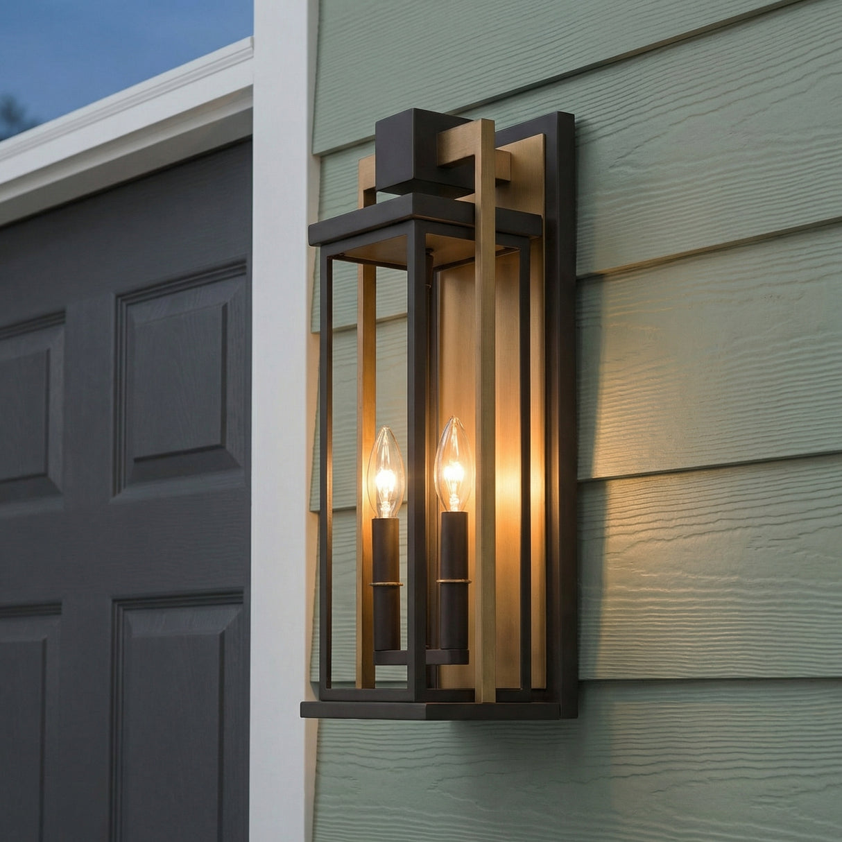 Quinlan Outdoor Wall Light, Medium 19", Bronze and Textured Gold geometric outdoor wall in a Modern Farmhouse Outdoor with sage green siding.