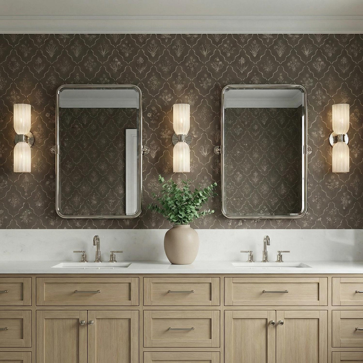 Elise 2 Light Vanity, Polished Nickel and Ribbed Strie Glass