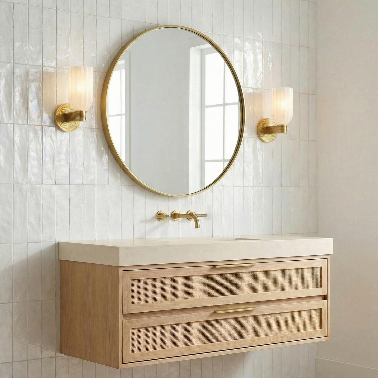 Elise Wall Sconce 11", Brass and Ribbed Strie Glass Brass ribbed wall sconce in a Contemporary Bathroom with a floating oak vanity.