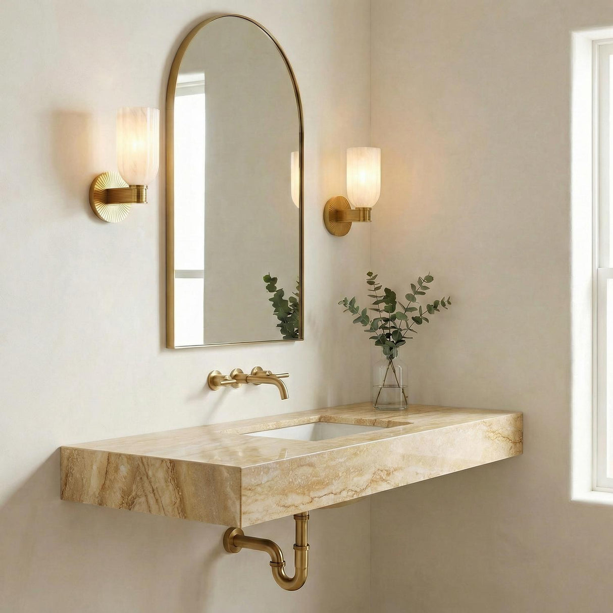 Elise Wall Sconce 11", Brass and Ribbed Strie Glass Brass ribbed Wall Sconce in a Contemporary Bathroom with a floating stone vanity.
