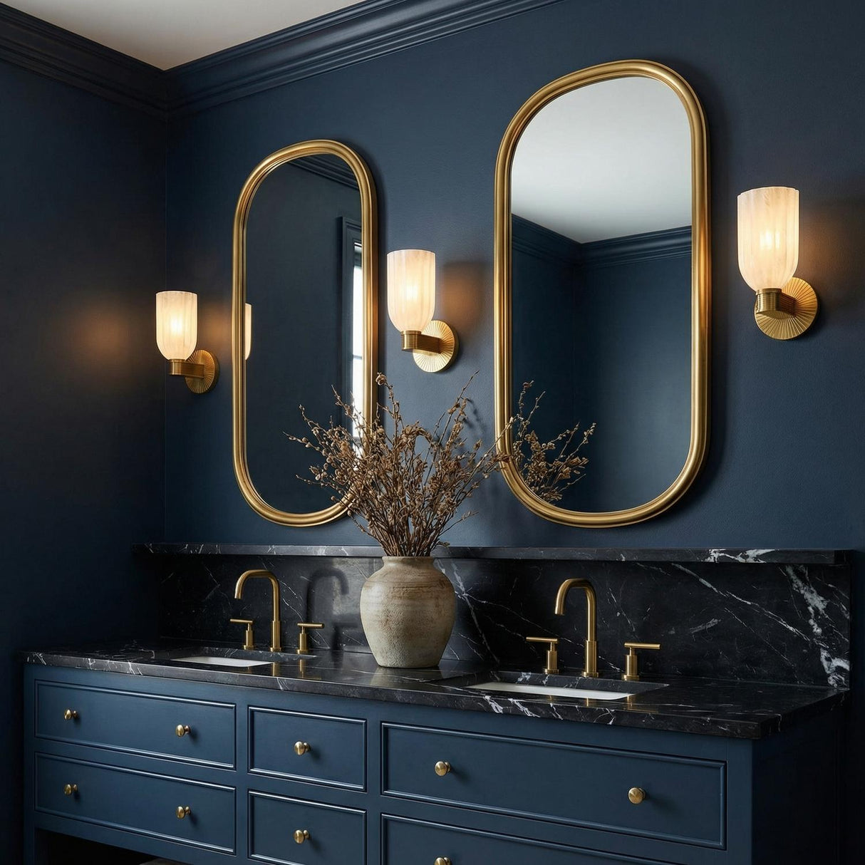 Elise Wall Sconce 11", Brass and Ribbed Strie Glass Brass scalloped Wall Sconce in a Transitional Bathroom with a double vanity.