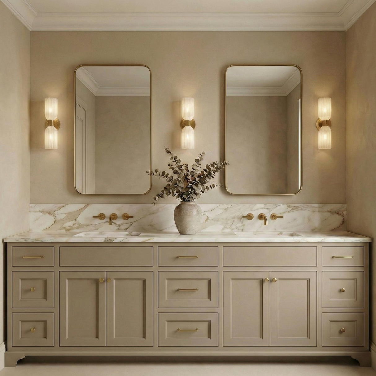 Elise 2 Light Vanity, Brass and Ribbed Strie Glass scalloped vanity in a Transitional Bathroom with a double vanity and marble backsplash.