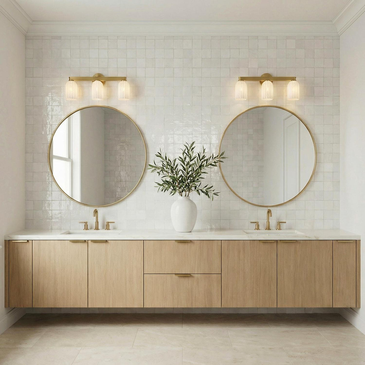 Elise 3 Light Vanity, Brass and Ribbed Strie Glass