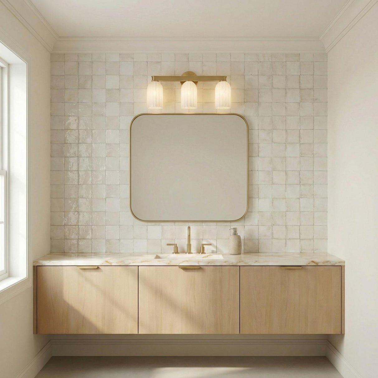 Elise 3 Light Vanity, Brass and Ribbed Strie Glass vanity in a Transitional Bathroom with a floating wood vanity and square tile wall.