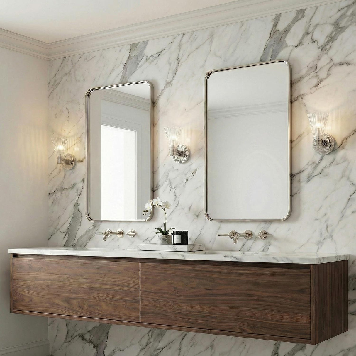 Eliza Wall Sconce 9", Polished Nickel scalloped glass wall sconce in a Contemporary Bathroom with a marble wall and floating walnut vanity.