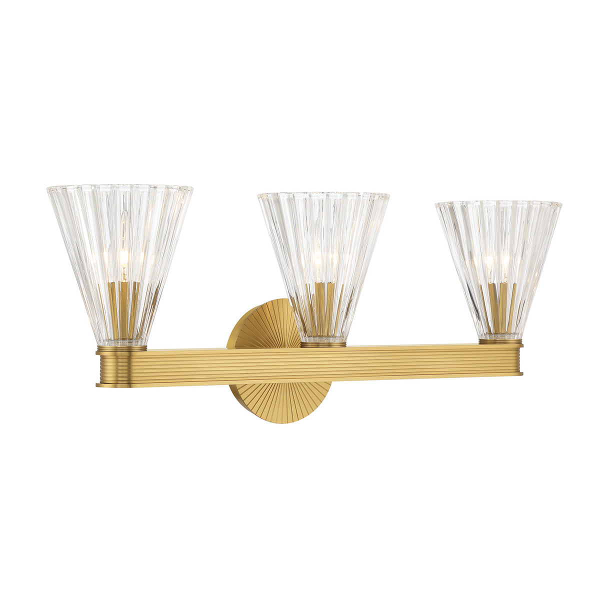 Eliza 3 Light Vanity, Brass and Clear Ribbed Glass