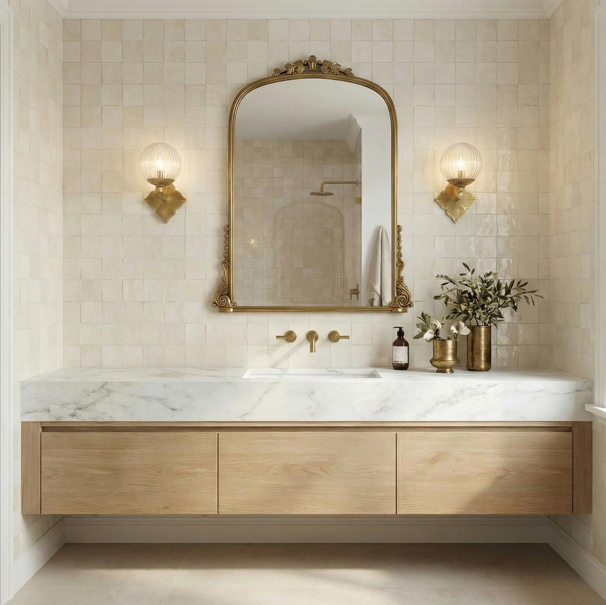 Seraphina Aged Brass scalloped globe wall sconce in a Mediterranean Bathroom with a white marble vanity and arched mirror.