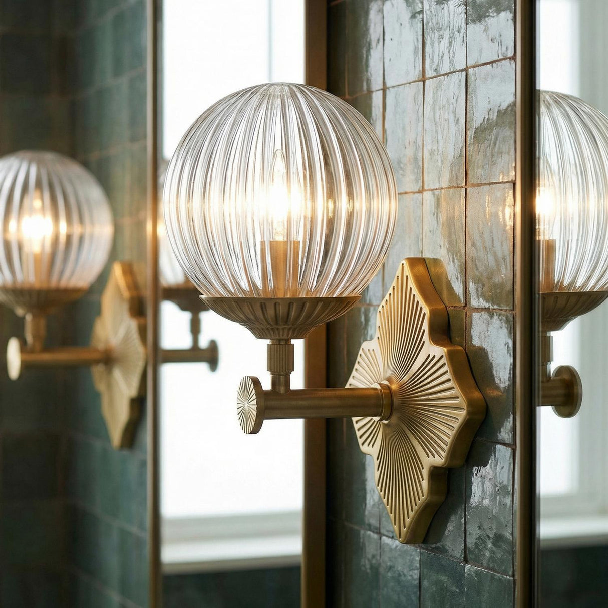 Victoria Aged Brass ribbed globe Wall Sconce in a Transitional Bathroom with green zellige tile and mirrors.