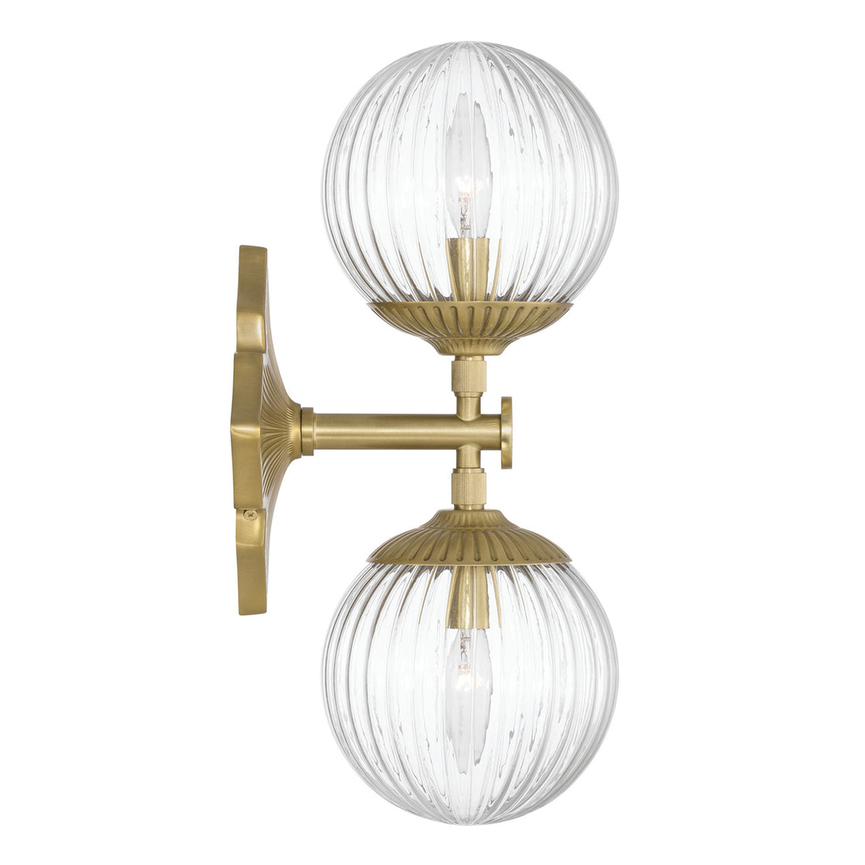 Victoria 2 Light Wall Sconce 16", Aged Brass and Clear Ribbed Glass