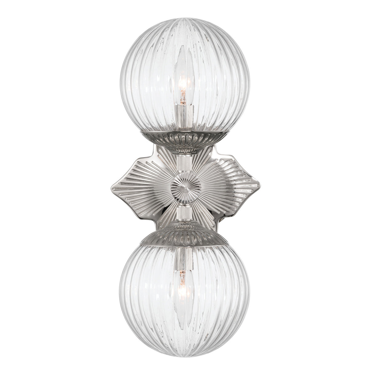 Victoria 2 Light Wall Sconce 16", Polished Nickel and Clear Ribbed Glass