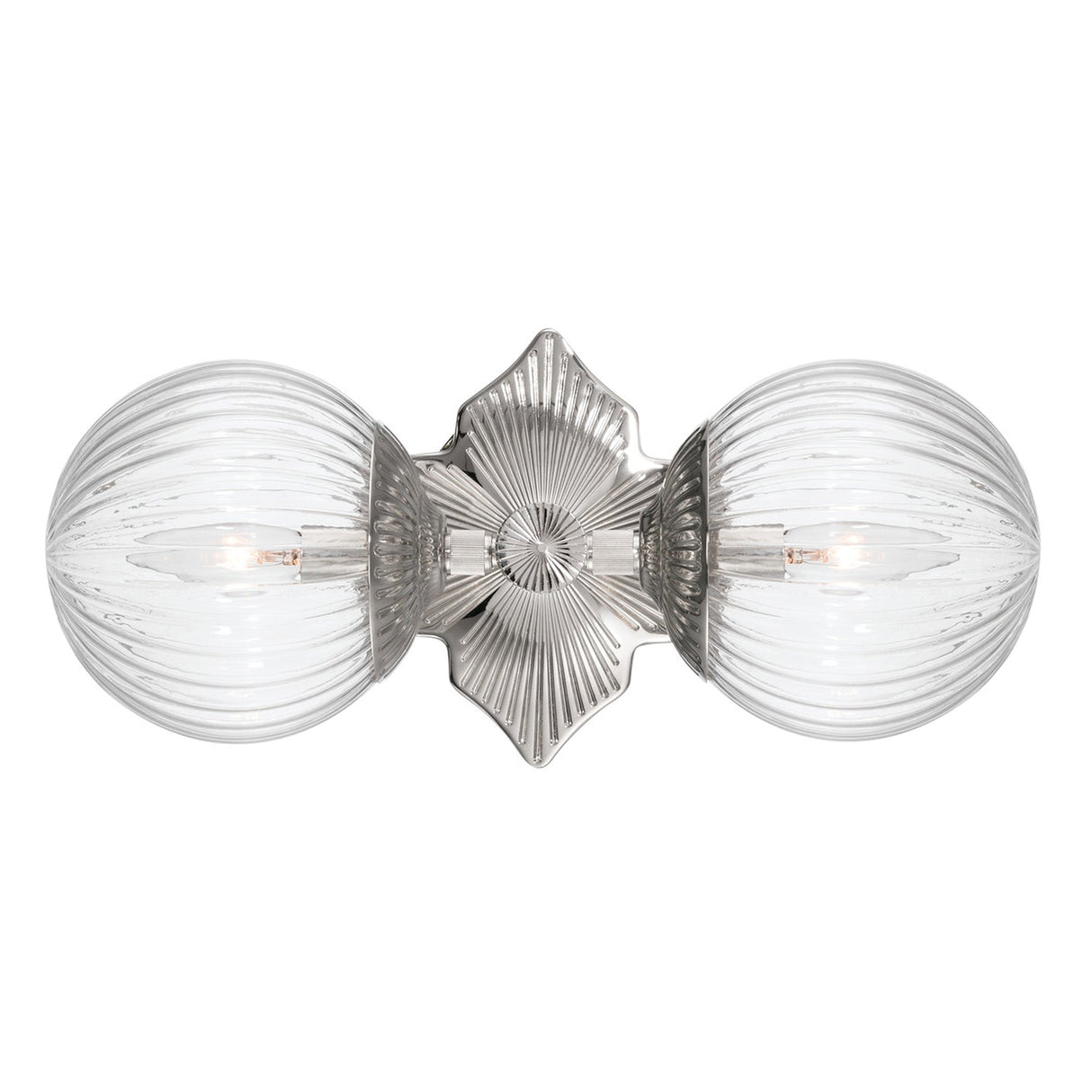 Victoria 2 Light Wall Sconce 16", Polished Nickel and Clear Ribbed Glass