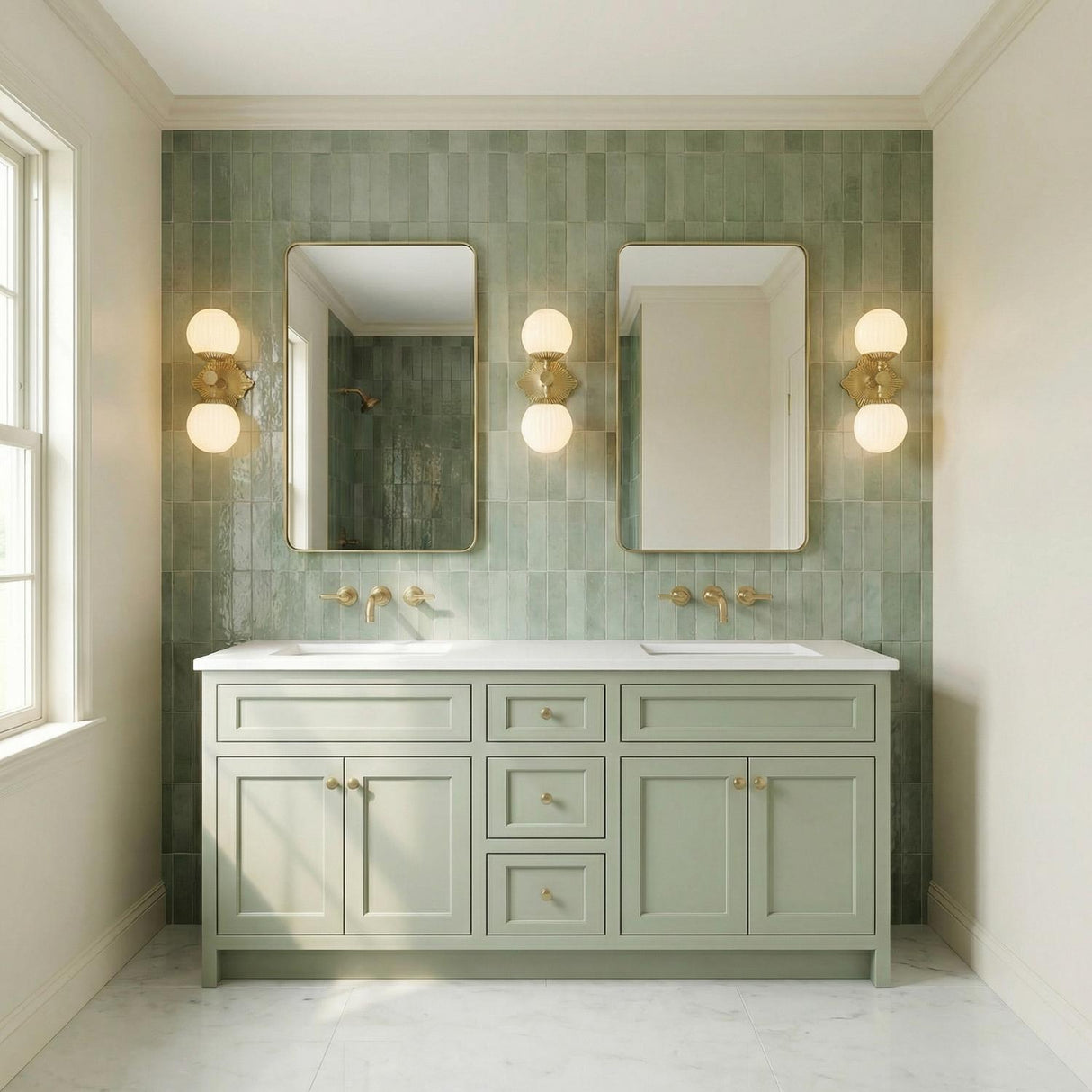 Victoria Aged Brass and Opal Ribbed Glass globe design Wall Sconce in a Transitional Bathroom with a sage green double vanity.