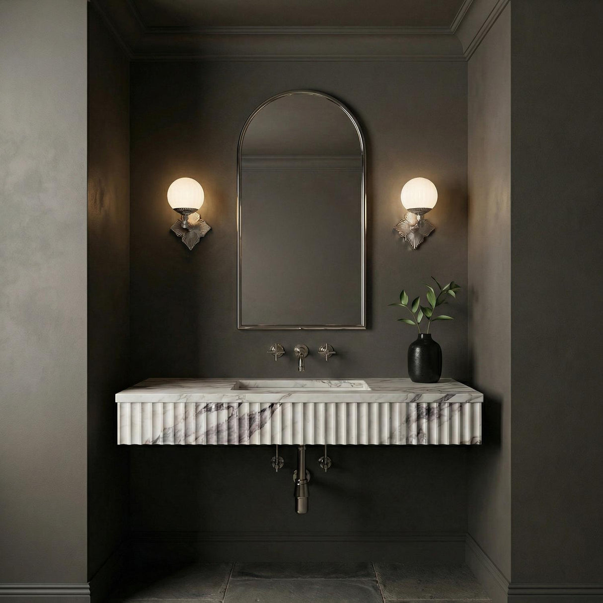 Victoria Wall Sconce, Polished Nickel and Ribbed Glass globe wall sconce in a Transitional Bathroom with a fluted marble vanity.