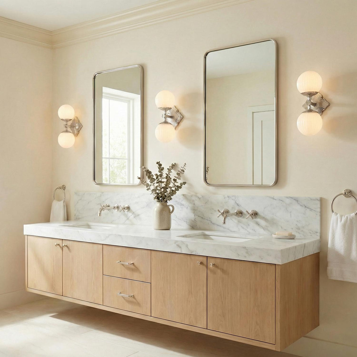 Victoria Wall Sconce 16", Polished Nickel and Opal Ribbed Glass globe wall sconce in a Transitional Bathroom with a marble double vanity.