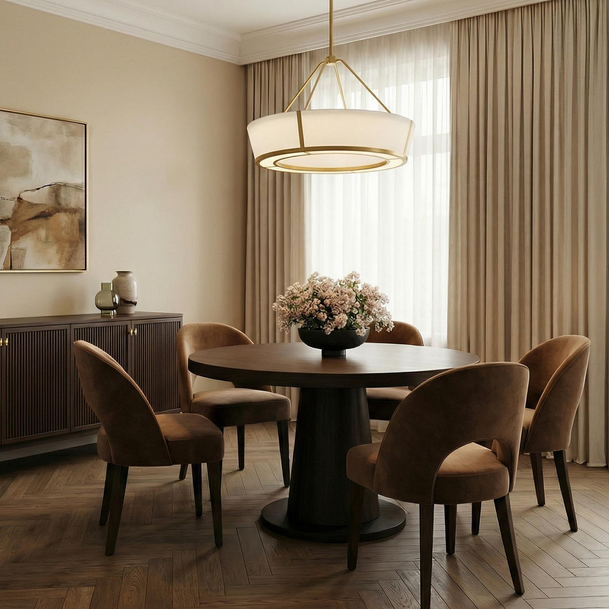 Hoyt LED Pendant 24", Antique Gold geometric chandelier in a Contemporary Dining Room with a dark oak table and brown velvet chairs.