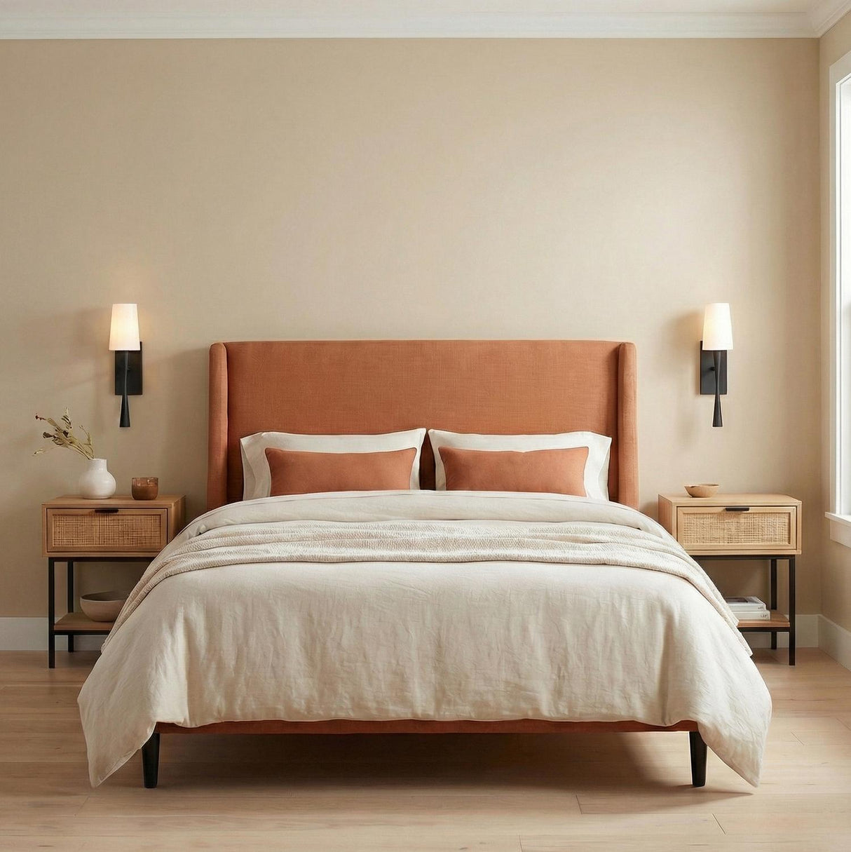 Kellan Wall Sconce 18", Black geometric Wall Sconce in a Transitional Bedroom with a terracotta headboard and rattan nightstands.