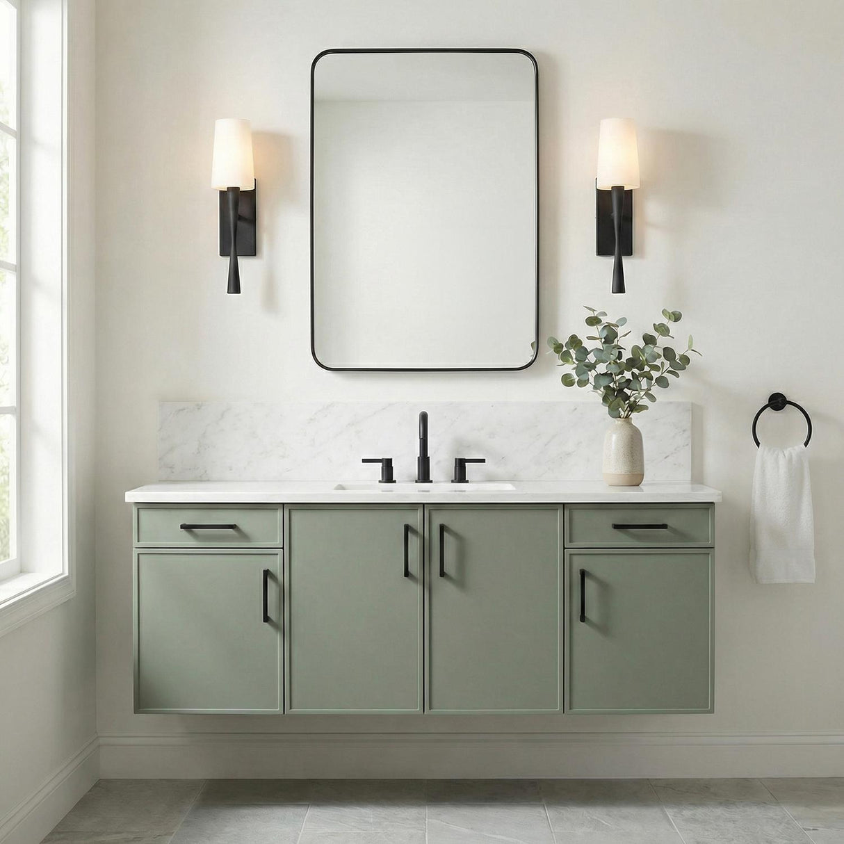 Kellan Wall Sconce 18", Black geometric Wall Sconce in a Contemporary Bathroom with a sage green floating vanity.