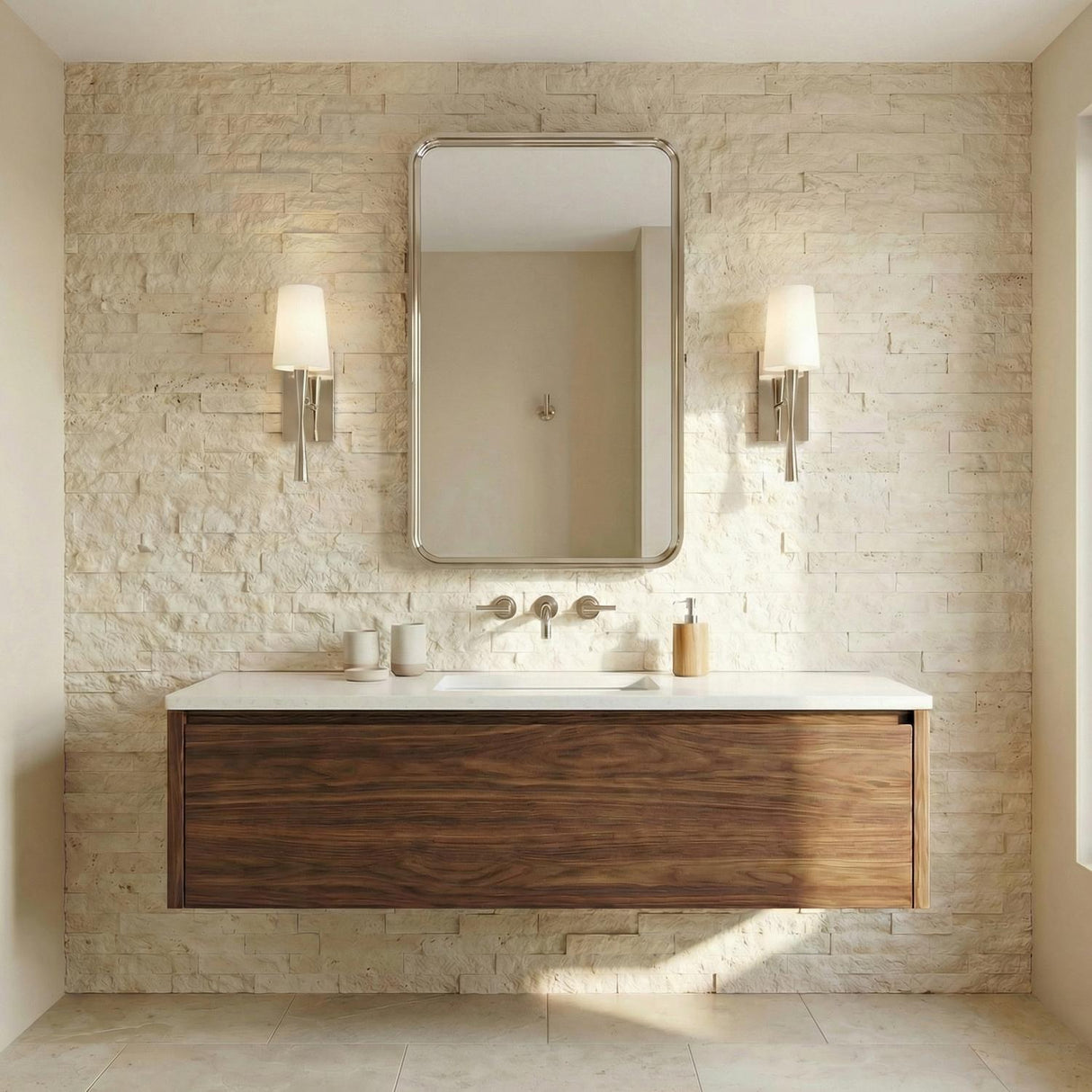 Kellan Wall Sconce, Polished Nickel linear Wall Sconce in a Contemporary Bathroom with a floating wood vanity and stone wall.