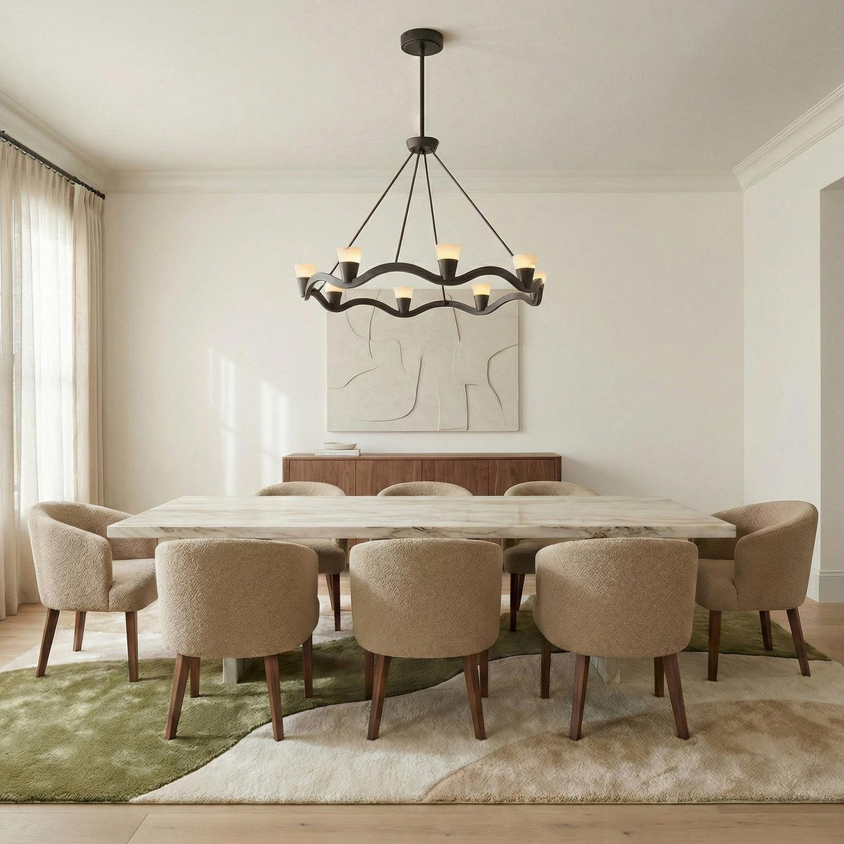 Josie LED Chandelier 39", Old Bronze and Alabaster scalloped Chandelier in a Contemporary Dining Room with a white marble table.